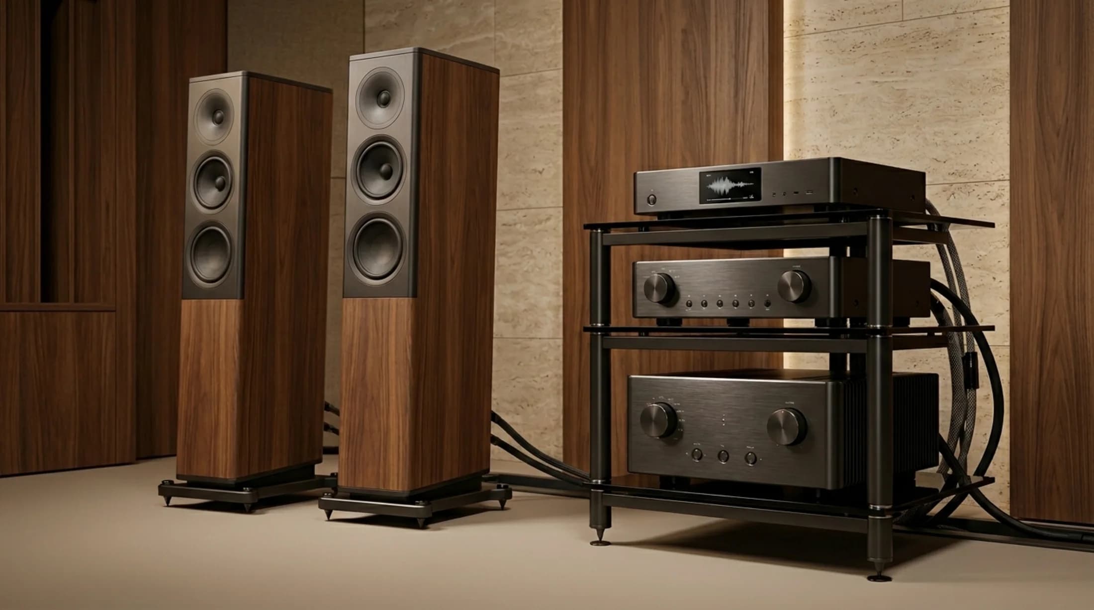 Verbundenes Montelar-Audiosystem mit Lautsprechern, Verstärkern, Netzaufbereitung und Kabeln