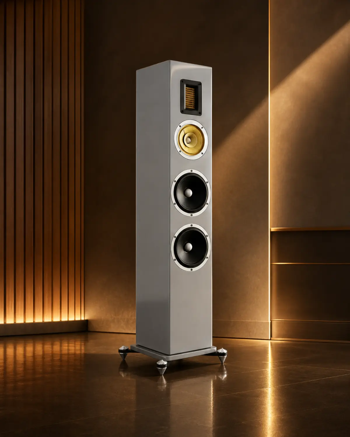 Montelar Loudspeaker System — башня целиком на тёплом архитектурном фоне с золотом