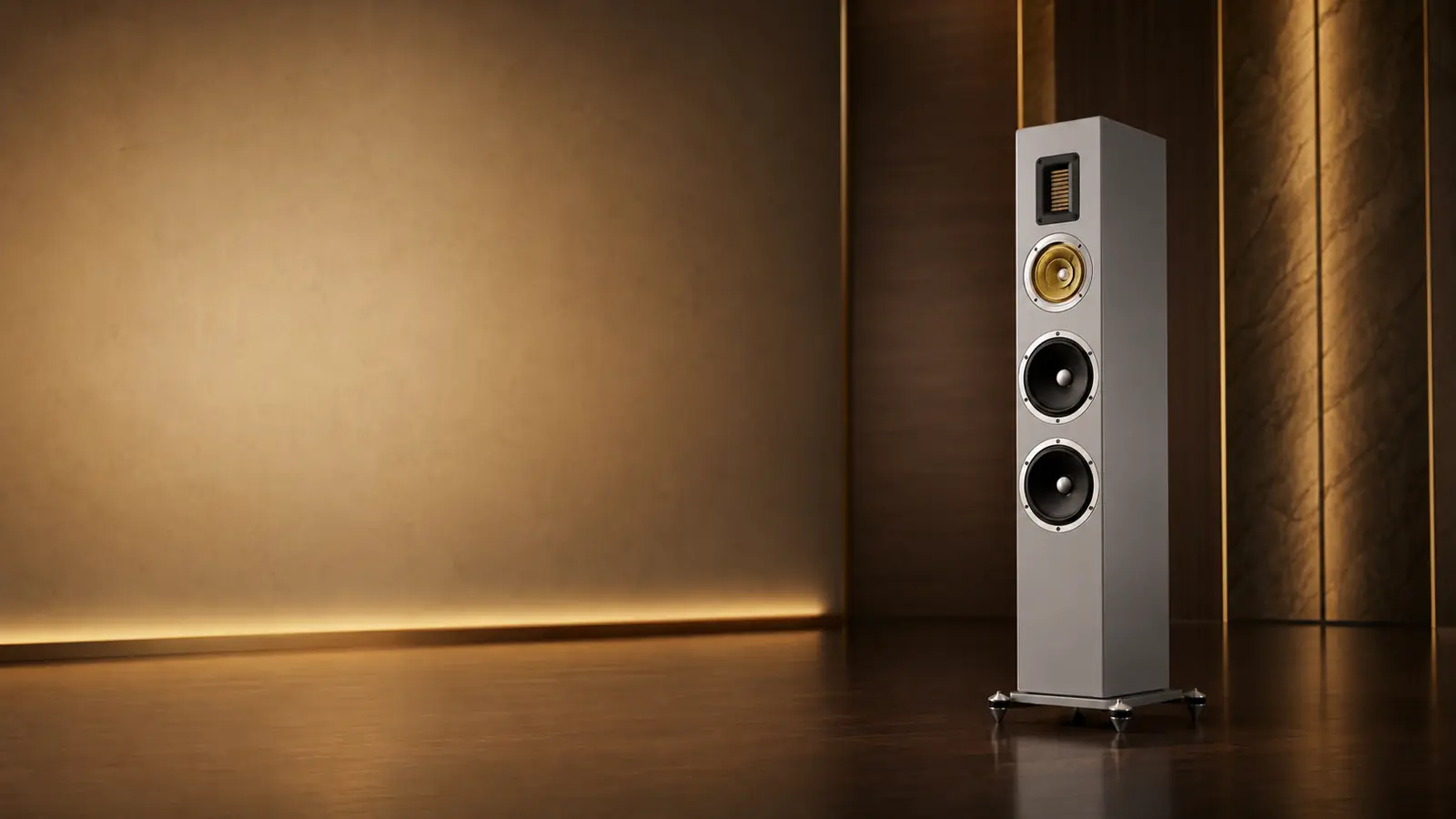 Montelar Loudspeaker System — напольная акустика на тёплом архитектурном фоне с золотом