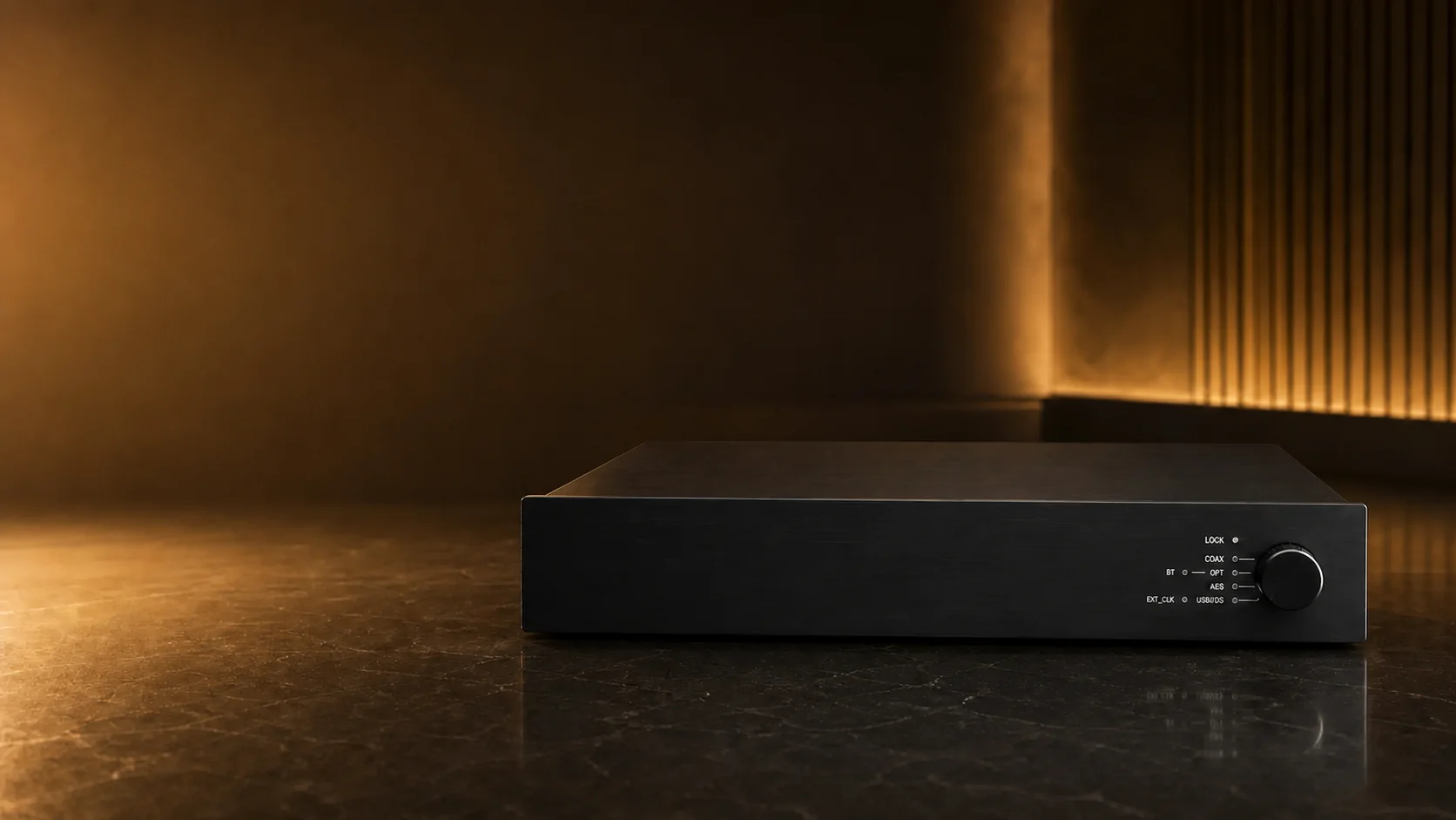 Montelar Reference DAC — матовый чёрный корпус на тёплом архитектурном фоне