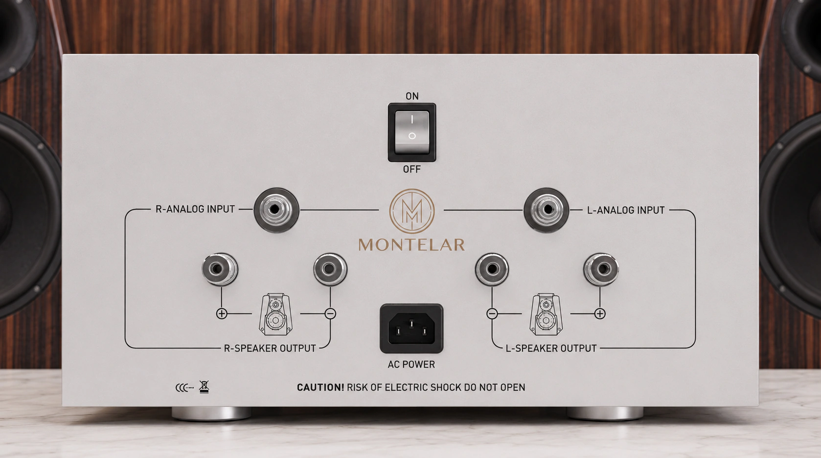 Задняя панель Montelar Power — входы RCA, акустические клеммы, выключатель и питание