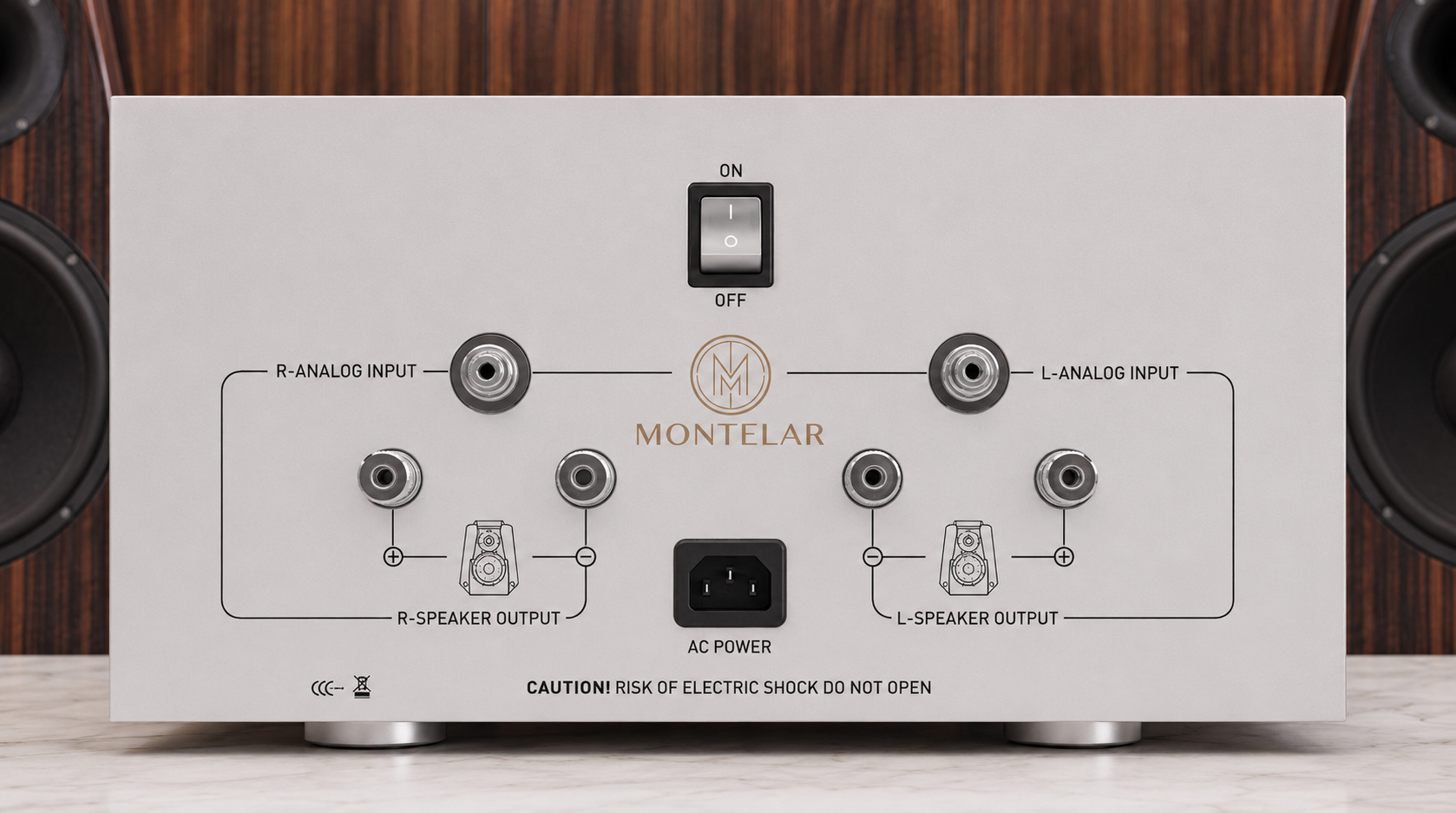 Задняя панель Montelar Power — входы RCA, акустические клеммы, выключатель и питание