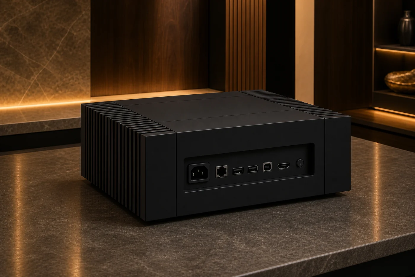Задняя панель Montelar Extremo Stream: разъём питания IEC, сетевой RJ45, два USB-A, USB-B и HDMI